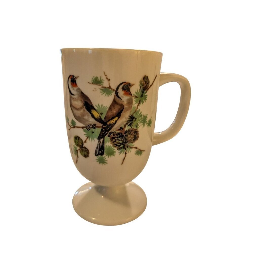 Vintage Bird Pedestal Footed Japan Coffee Mug Tea Cup White D Ring Handle